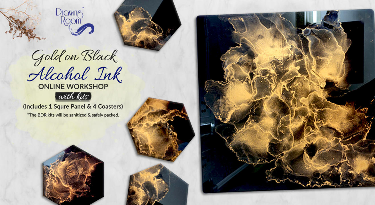 Gold on Black Alcohol Ink Online Workshop with Home Deliver Kits by Drawing Room