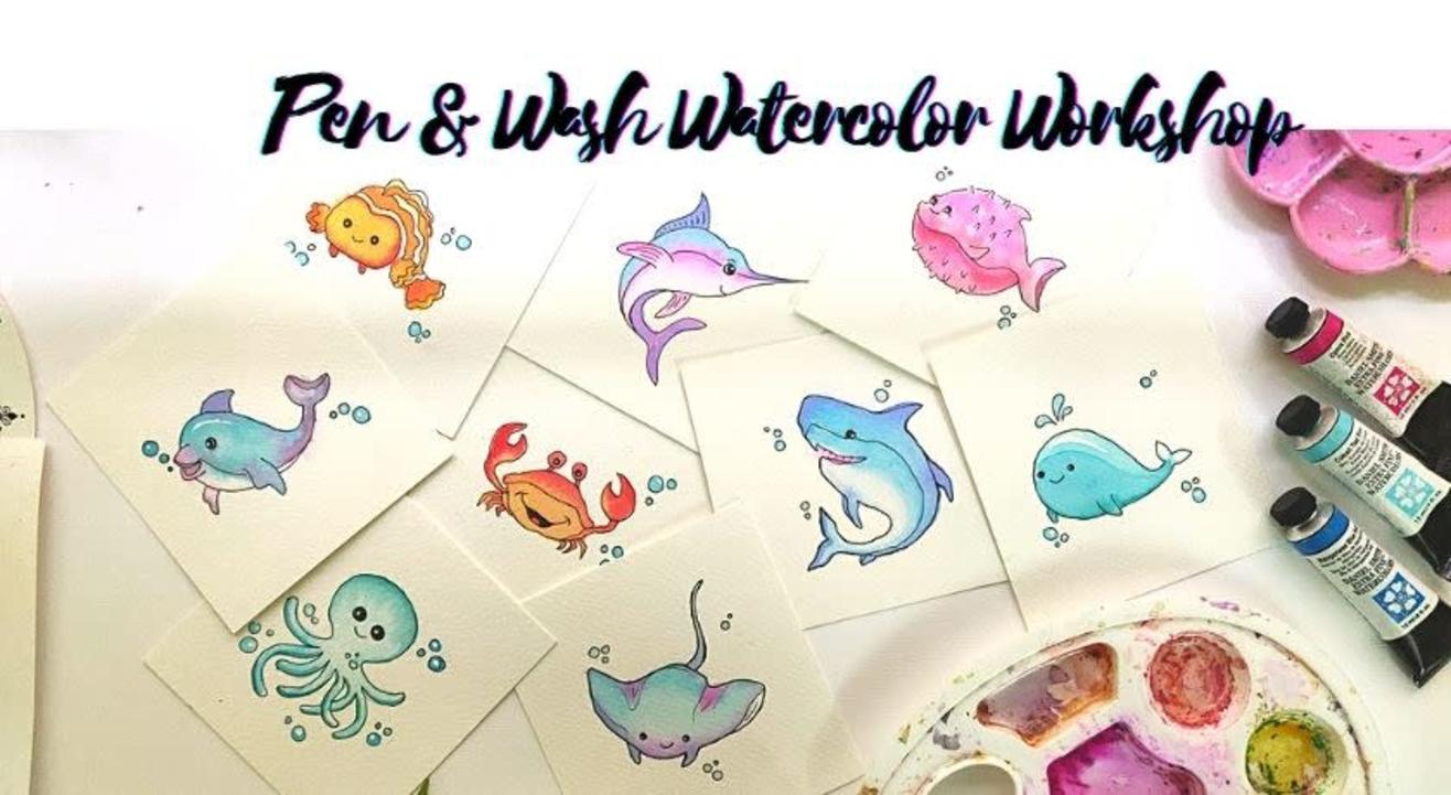 Pen and Wash Marine Life Watercolors
