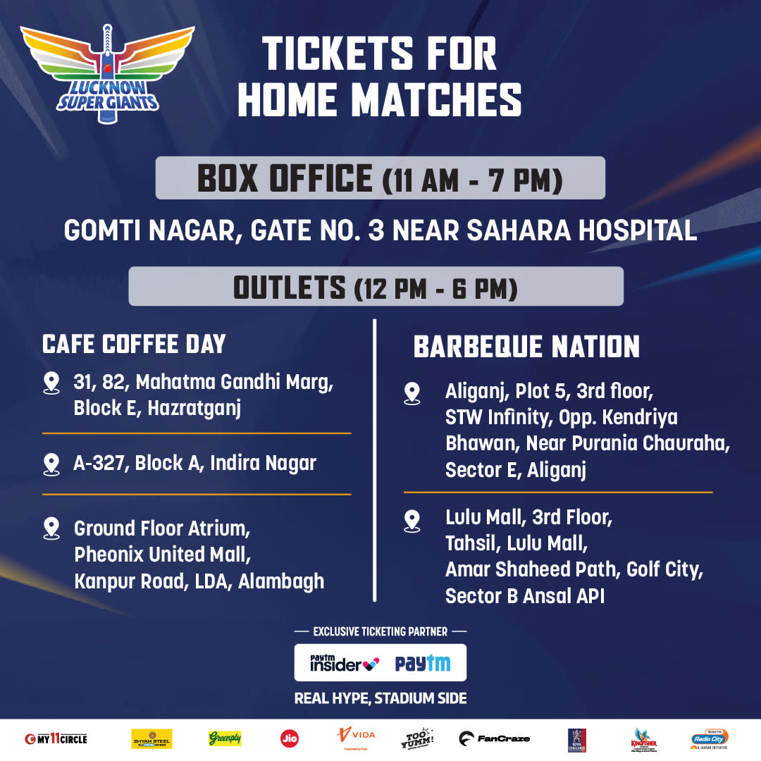 Lucknow Super Giants Tickets 2023 Online Booking: Buy LSG IPL Tickets 2 Lucknow Super Giants Tickets 2023 for Home Matches, Box Office and Outlets