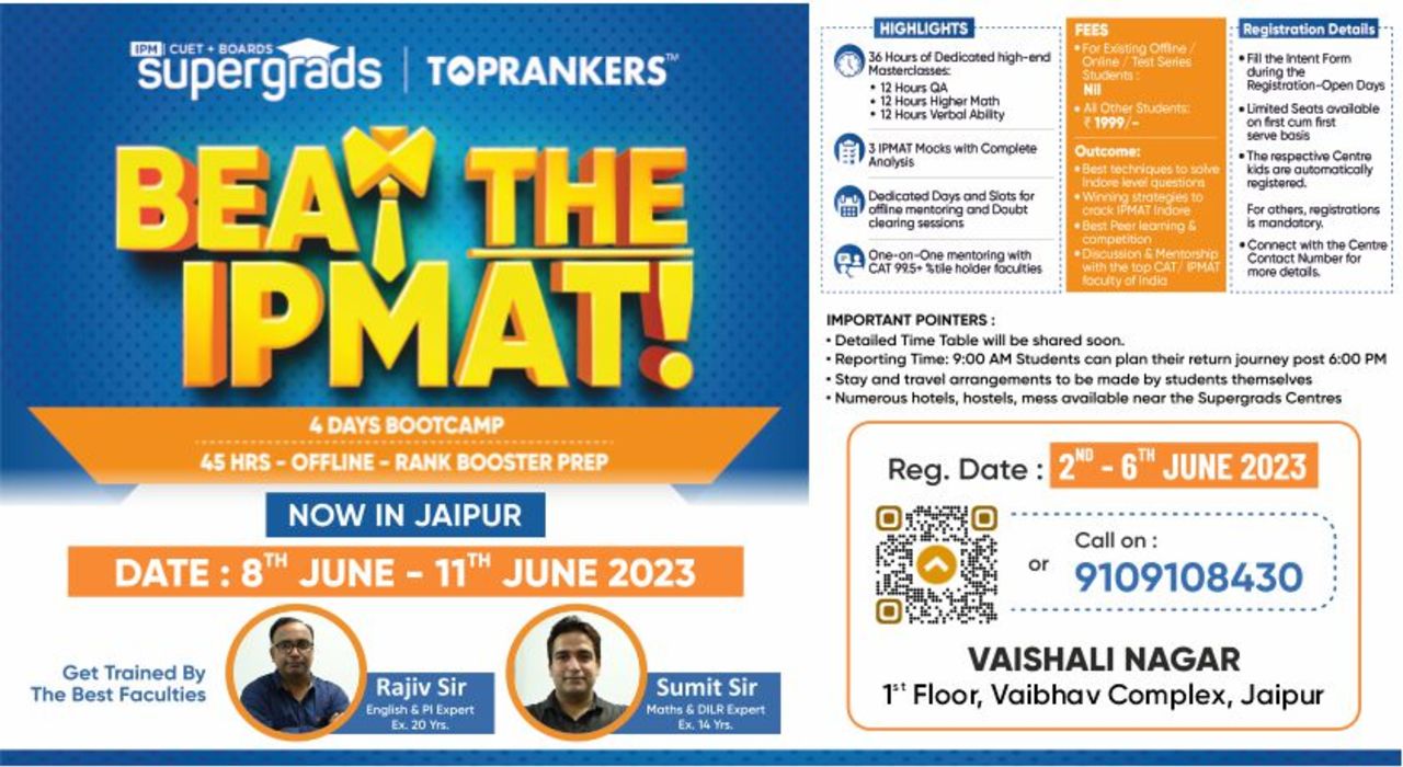 Supergrads by TOPRANKERS™ is going to conduct BEAT THE IPMAT 4 DAYS BOOTCAMP 45 HRS - OFFLINE - RANK BOOSTER PREP