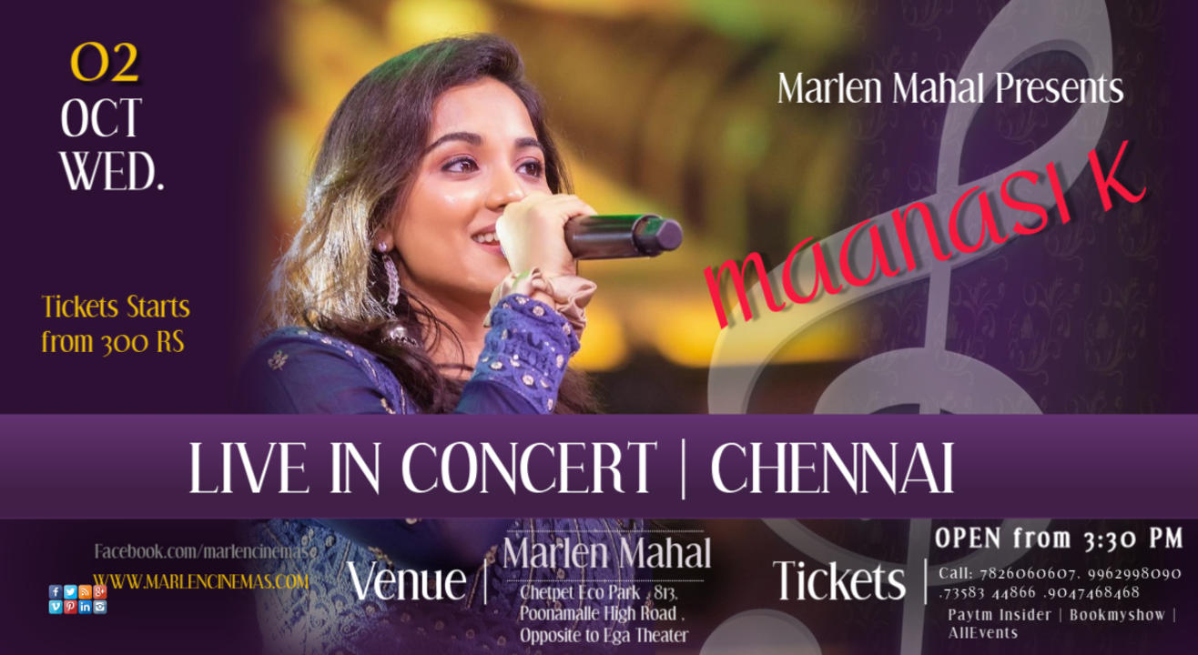 Maanasi K Live Concert Chennai in Chetpet Eco Park | Promoted by Marlen Mahal