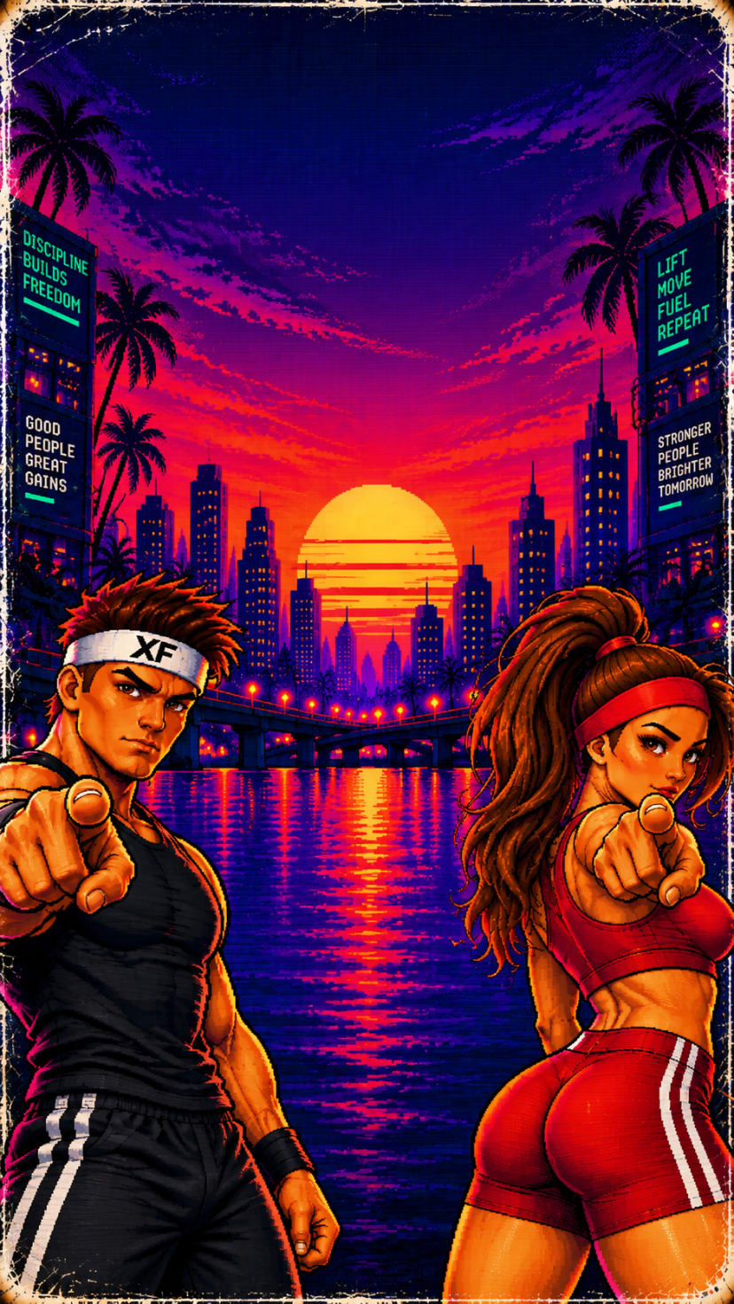 XF Games arcade artwork: two pixel-art XF athletes in front of a neon sunset city skyline.