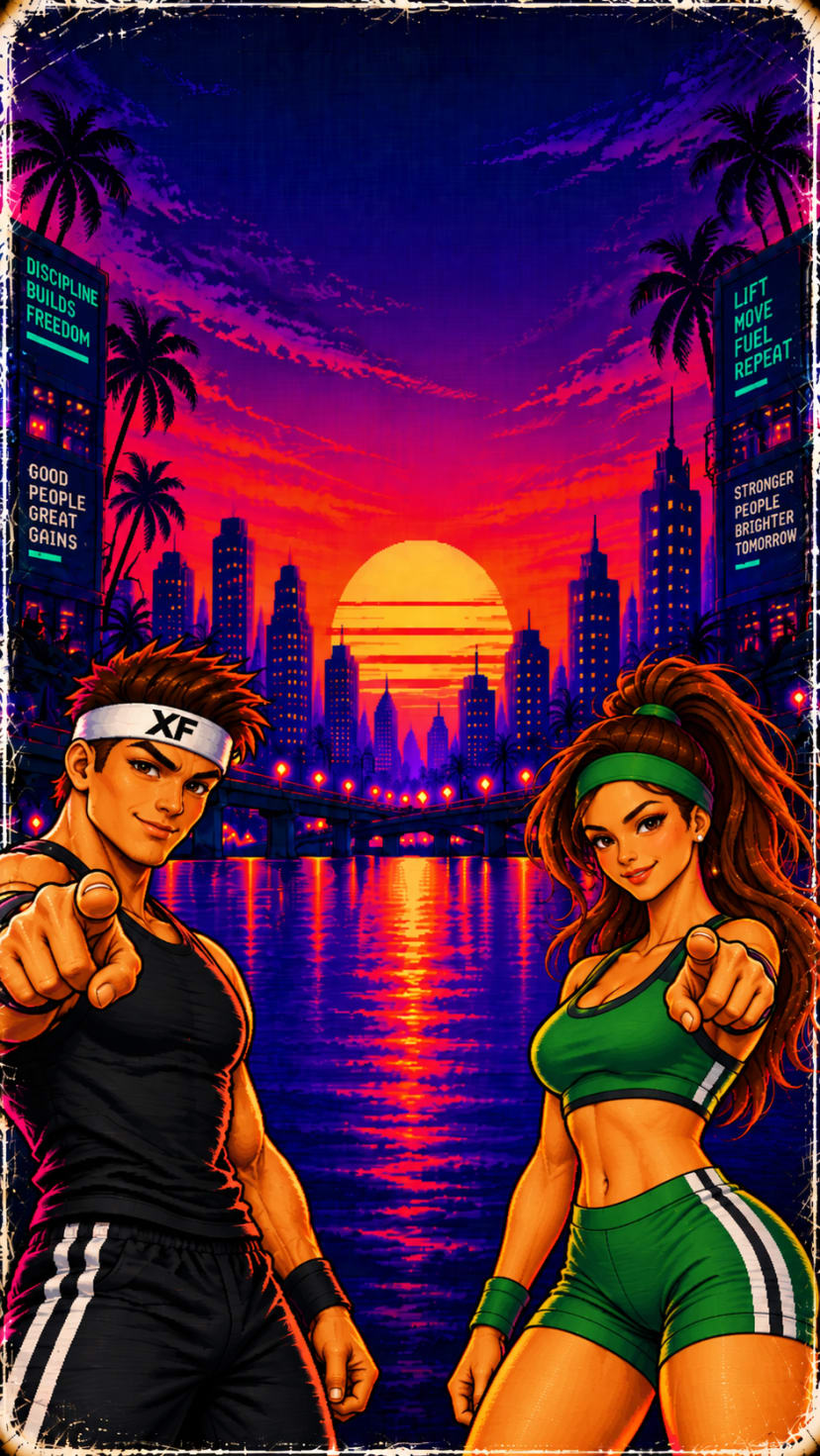 XF Stacker arcade artwork: two pixel-art XF athletes in front of a neon sunset city skyline.