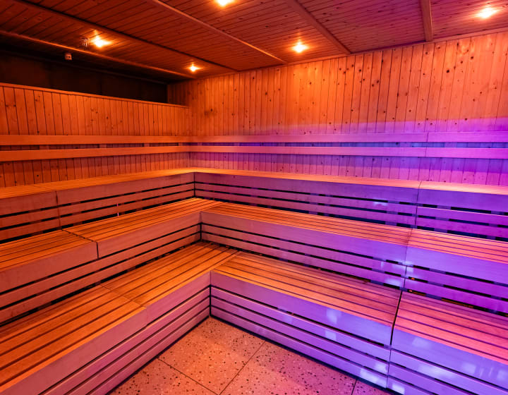 The sauna at XF, timber walls in warm light