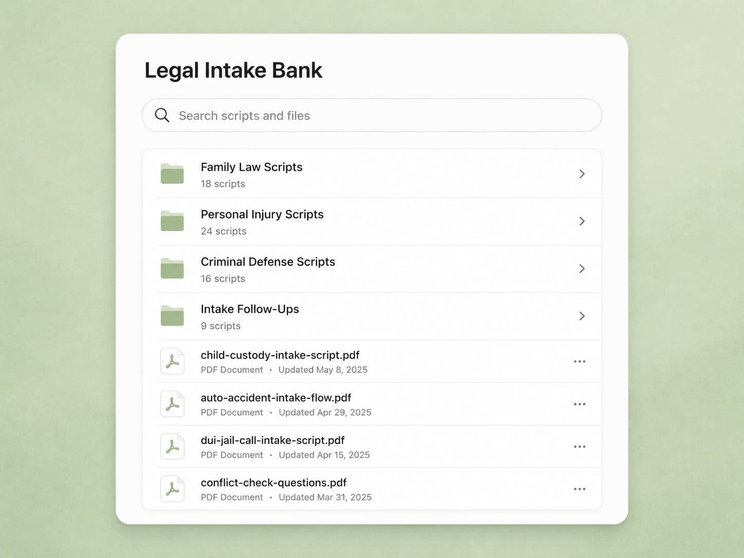 Legal intake question bank by practice area