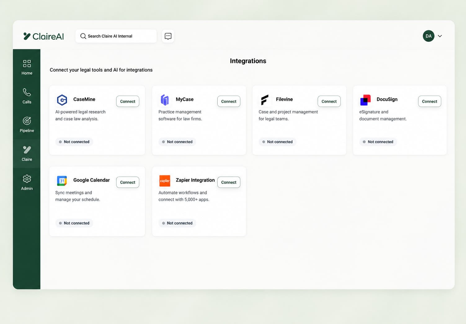 ClaireAI integrations — Clio, MyCase, Filevine, Lawmatics, HubSpot, DocuSign, Slack, Teams, Calendly