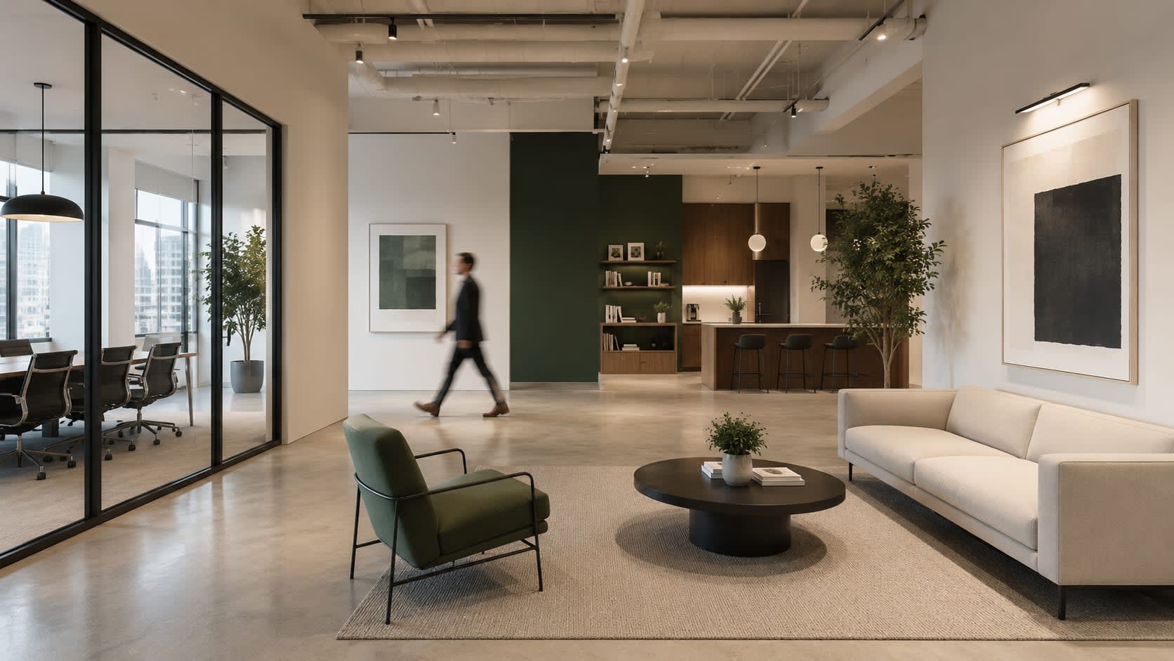 Modern law-firm reception area with green accent wall