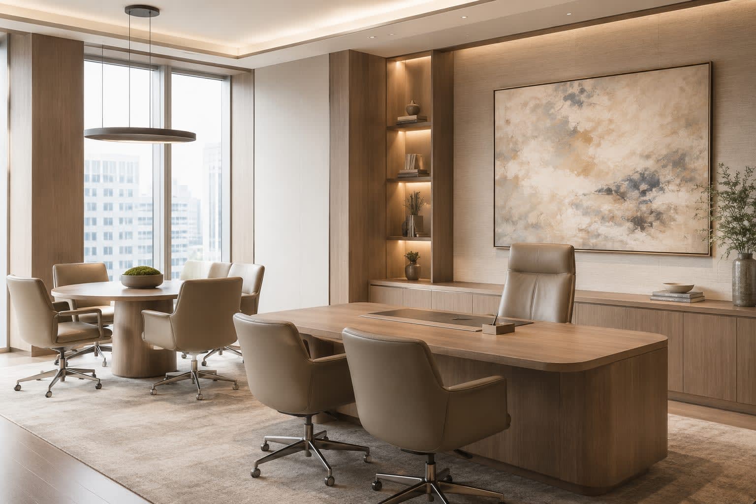 Modern law-firm reception area with green accent wall
