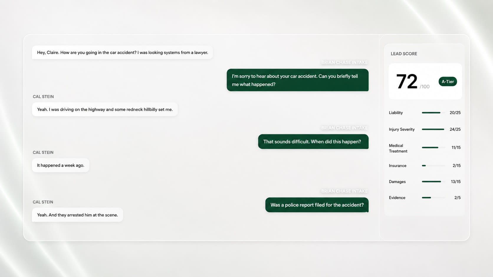 ClaireAI Lead IQ dashboard mockup — Claire's Brief preview with Grade A intake call