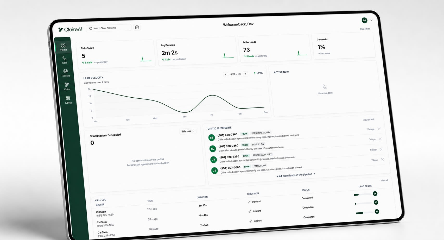 ClaireAI 365 dashboard — lead velocity over the last 7 days, critical pipeline of high-priority intake calls, active-now status, and a CRM-synced call log with lead scores.