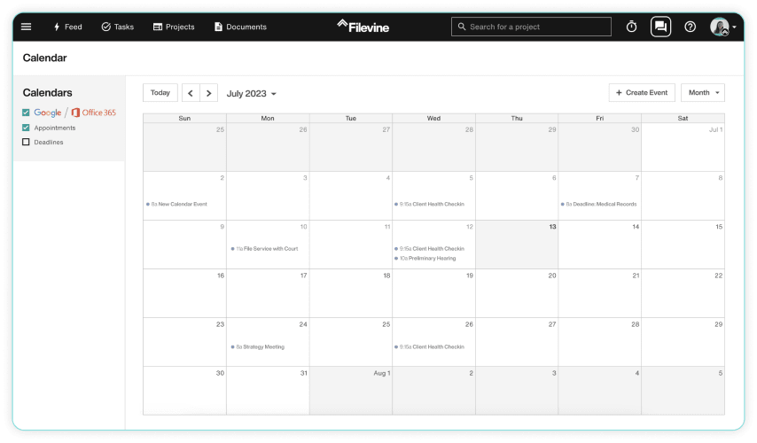Filevine calendar integration showing ClaireAI automated appointment scheduling for law firms