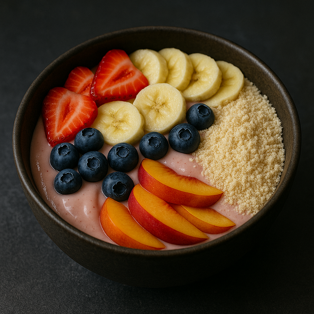 Baobab smoothie glow bowl with berries and seeds