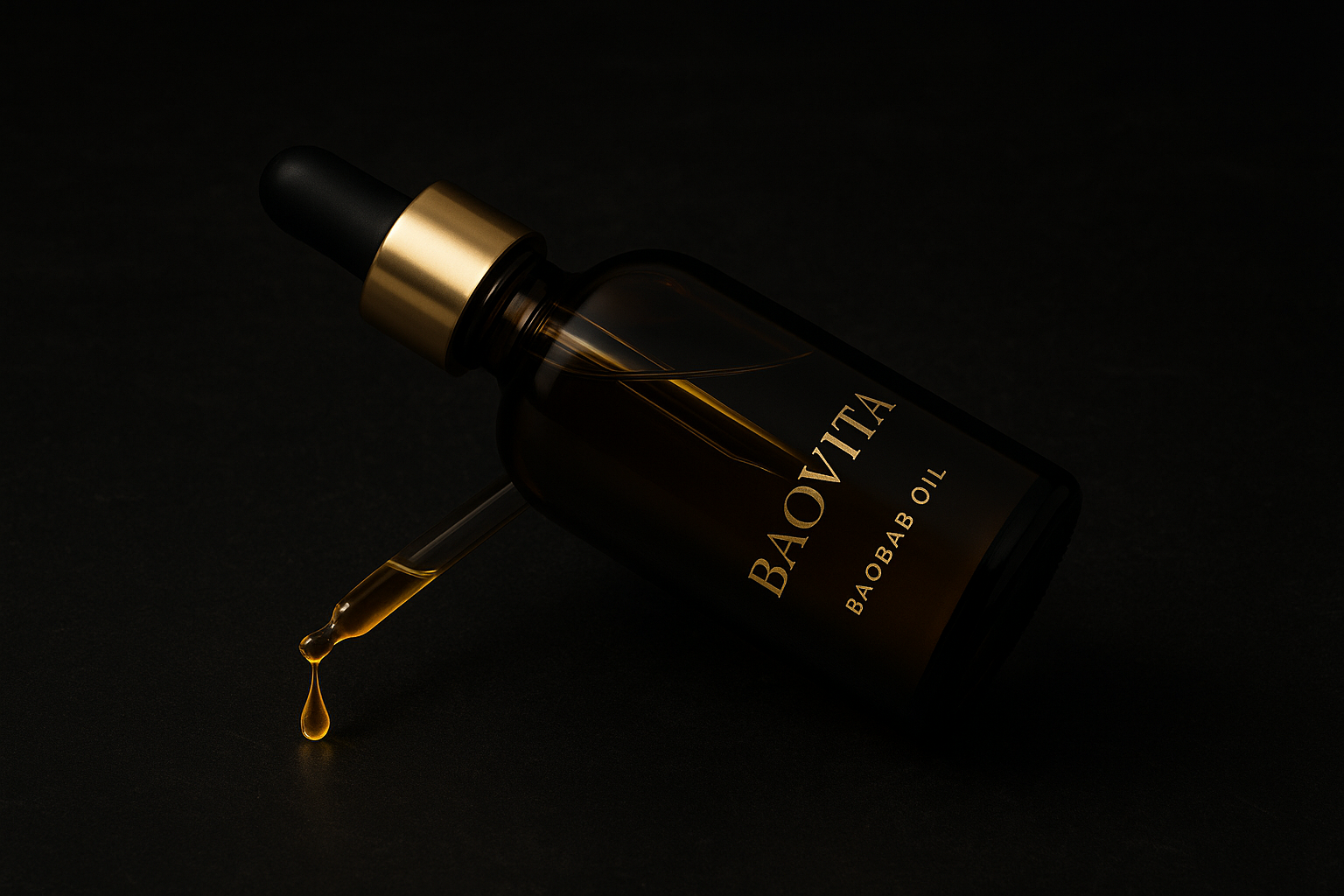 BAOVITA baobab oil bottle placed on a luxurious dark surface