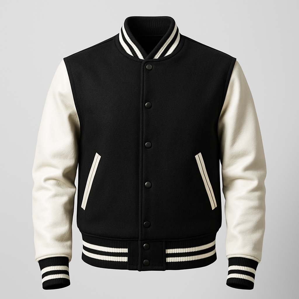 Premium Varsity Jacket - Black Wool & White Leather Sleeves