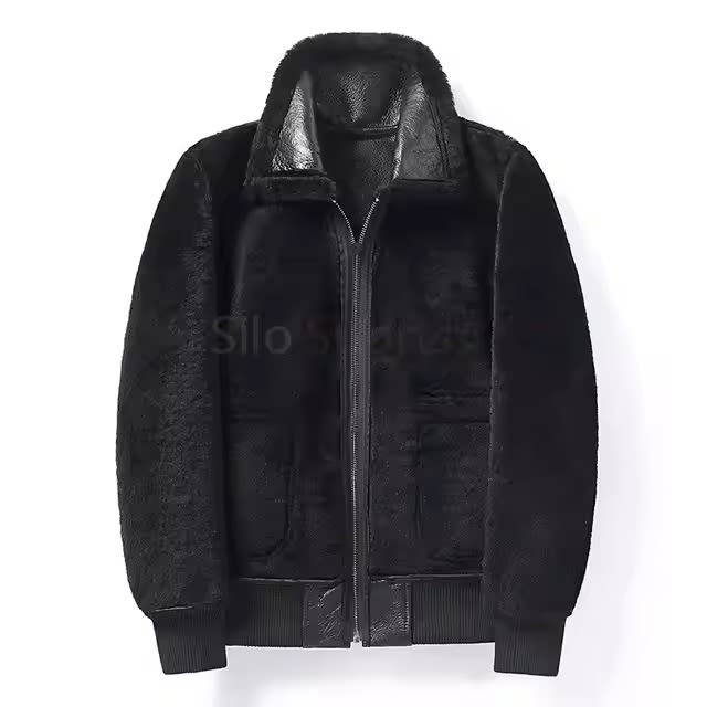Men's Black Aviator Jacket with Shearling-Style Collar