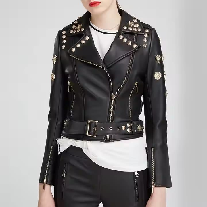 Premium Women's Studded Real Leather Moto Biker Jacket
