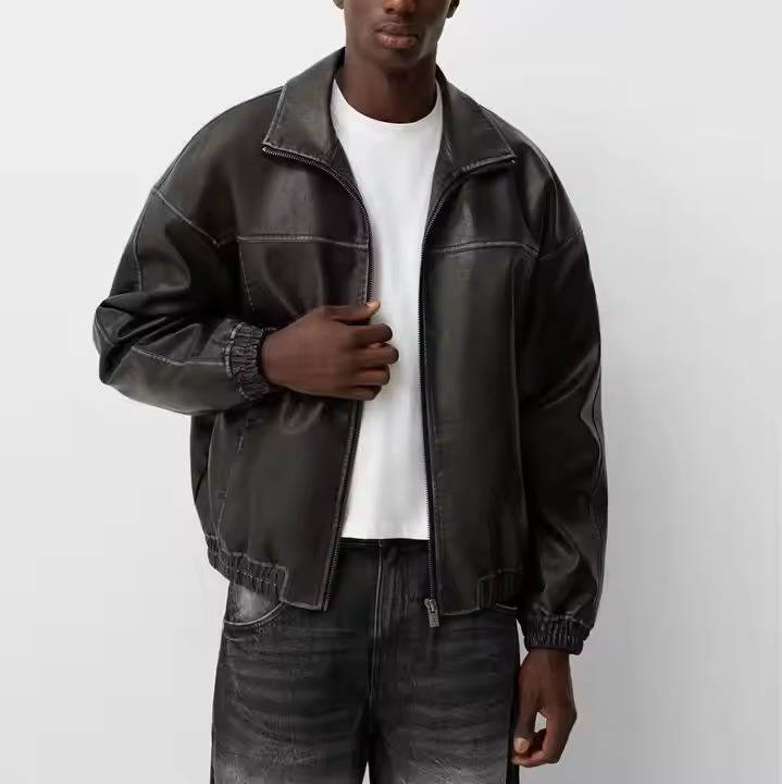 Faded-Effect Faux Leather Bomber Jacket for Men