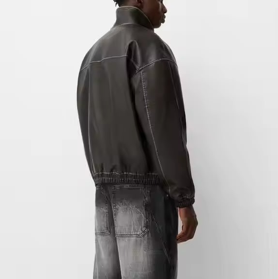 Faded-Effect Faux Leather Bomber Jacket for Men