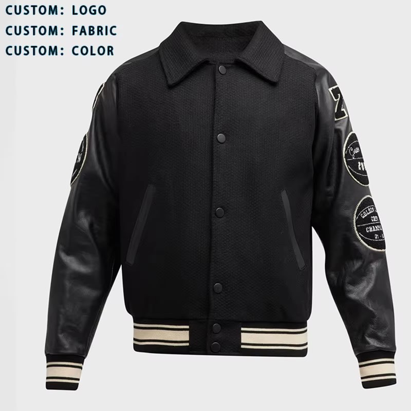 Premium Black Wool & Leather Varsity Bomber Jacket