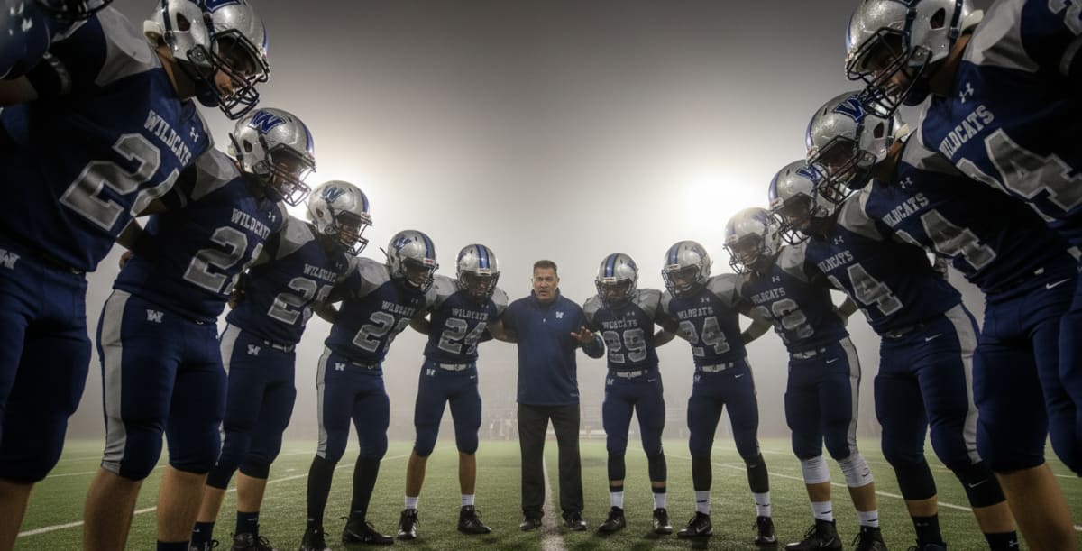 Elite youth football team huddle showcasing premium custom uniforms