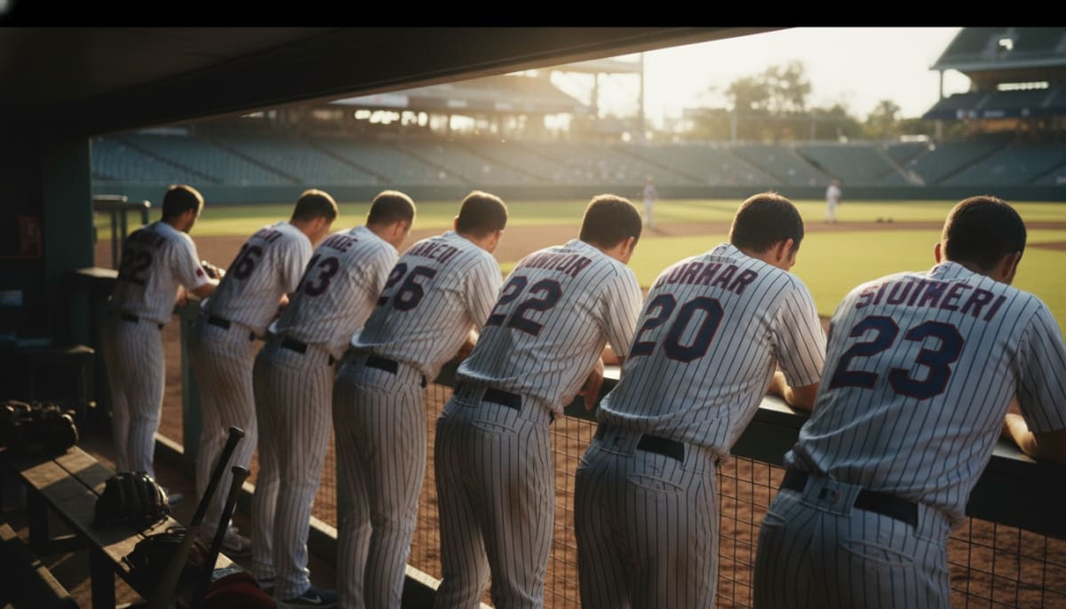 Professional baseball players in dugout wearing premium pinstripe jerseys