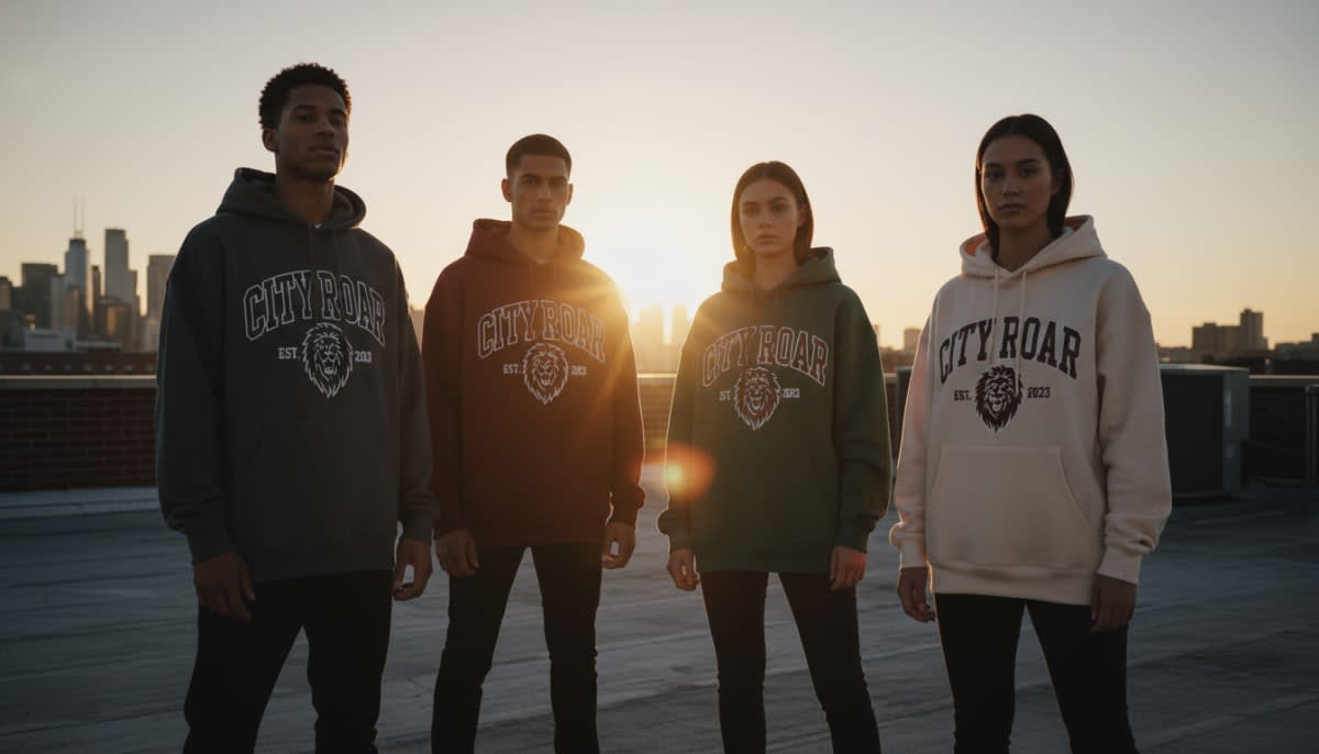 Models wearing premium heavyweight streetwear hoodies in golden hour lighting