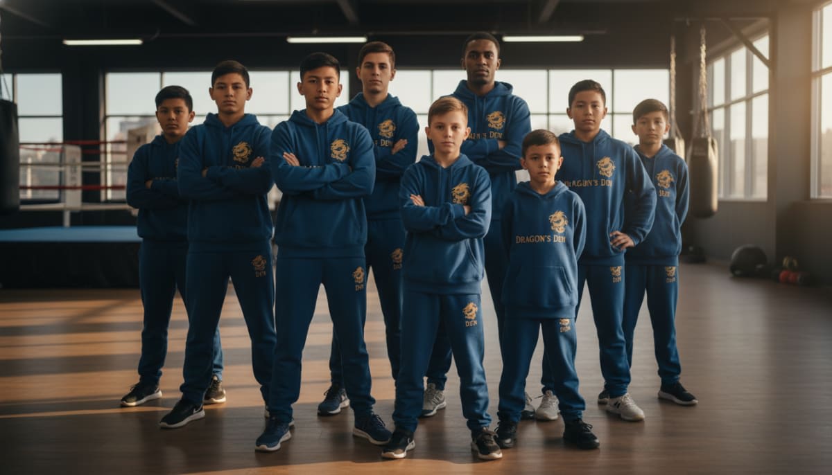 Diverse group of martial arts students wearing academy branded gear
