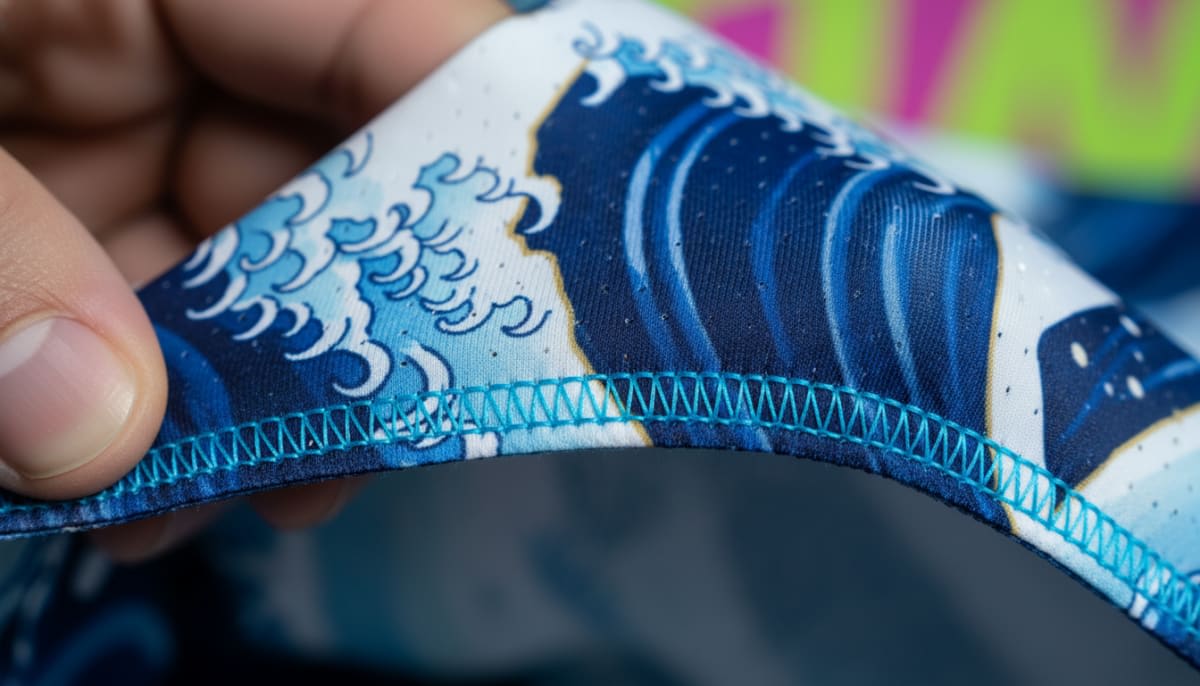 Macro photography of BJJ Rashguard fabric showing elasticity and stitching