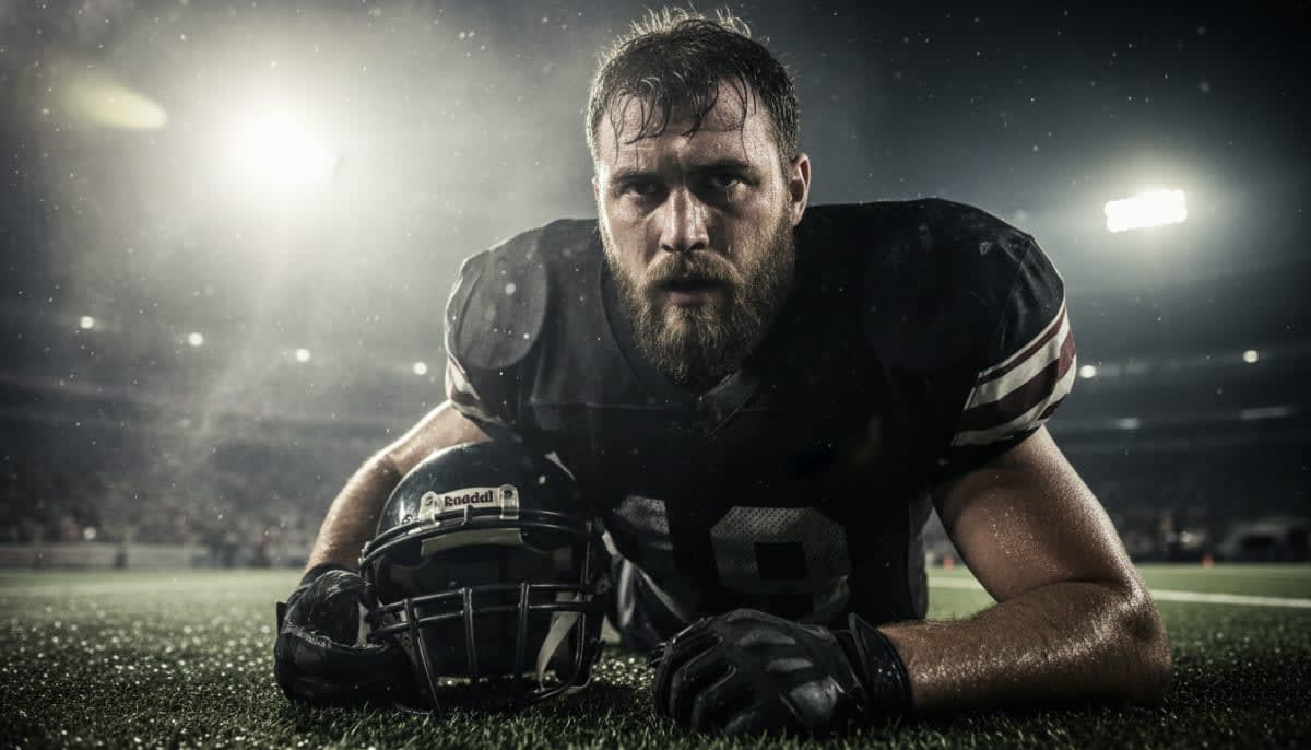 American football player battling heat exhaustion and sweat