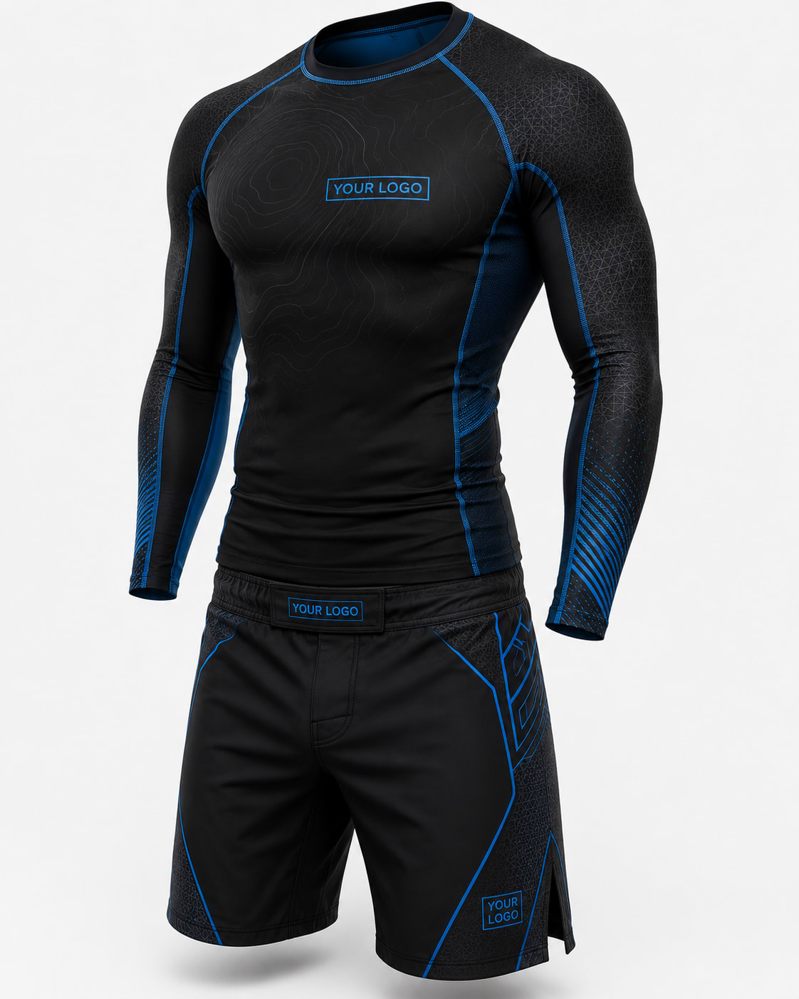 Custom Black and Blue No-Gi Rash Guard Set