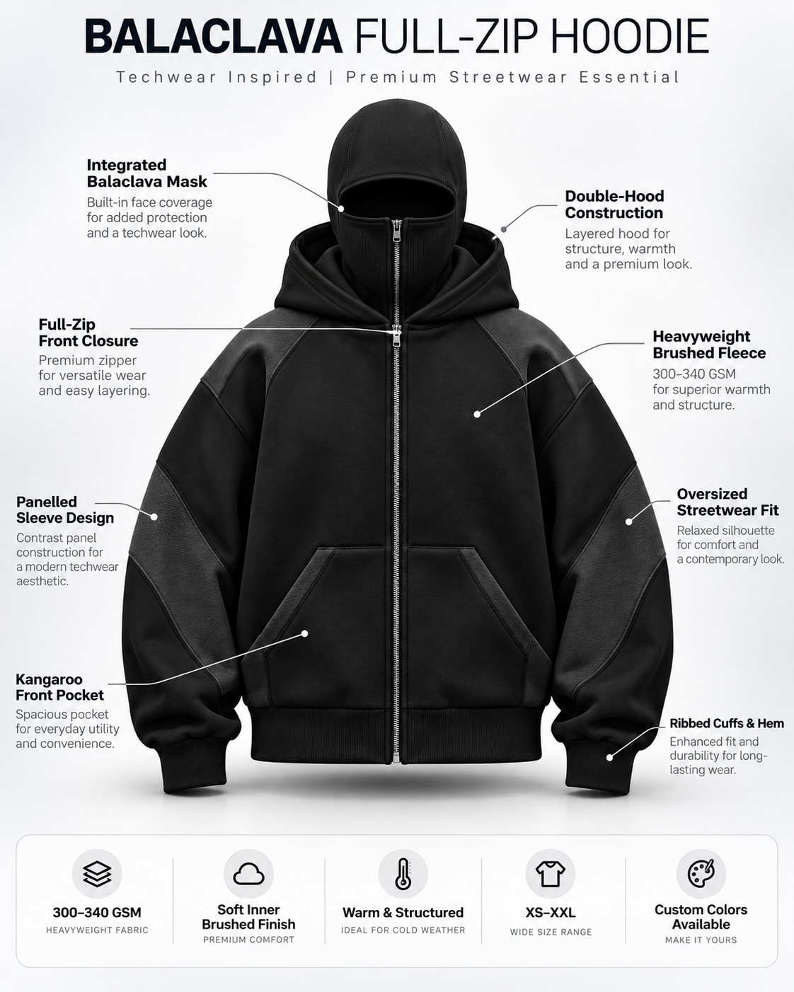Custom Balaclava Full-Zip Streetwear Hoodie | OEM Private Label