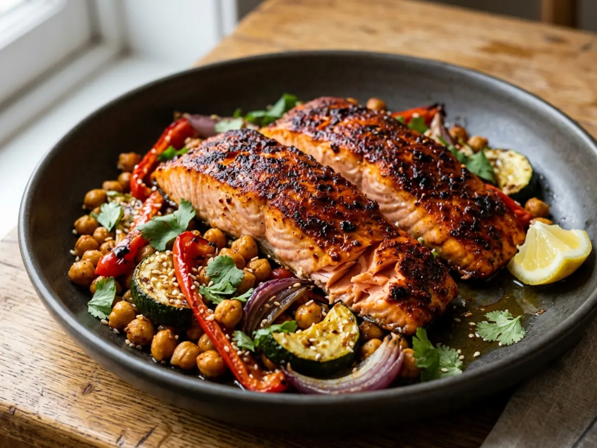 Sheet-Pan Harissa Salmon and Chickpeas