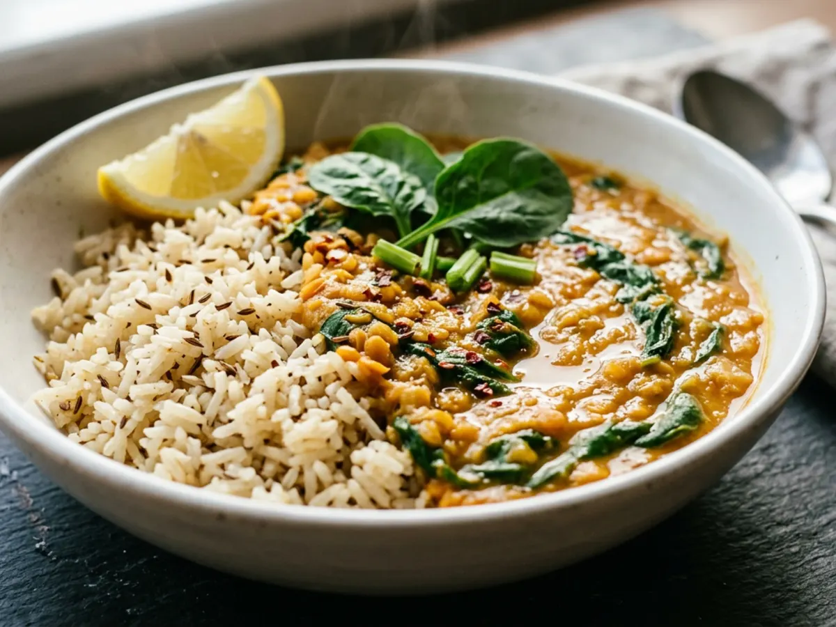 Red Lentil and Spinach Dal with Cumin Rice
