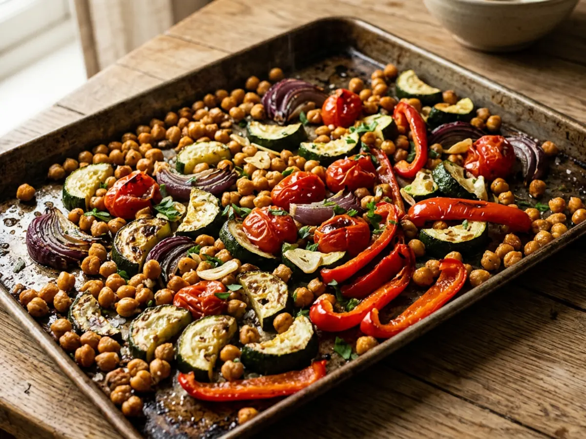 Chickpea and Roasted Vegetable Traybake with Herby Lemon Dressing