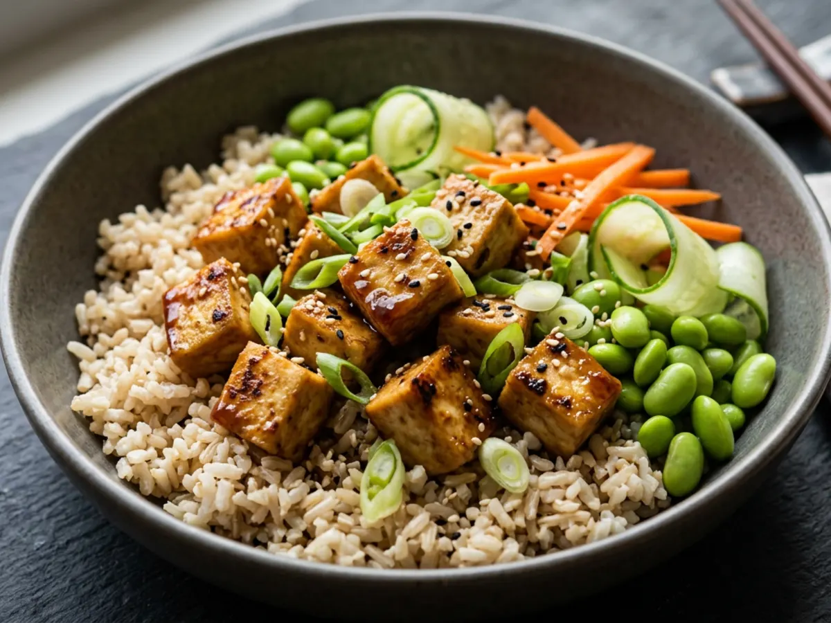 Teriyaki Tofu Rice Bowls with Edamame