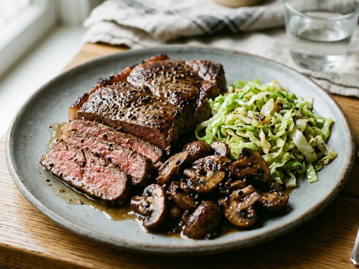 Steak with Peppercorn Mushrooms and Buttered Cabbage