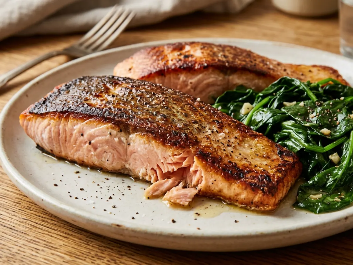 Pan-Fried Salmon with Garlic Butter Greens