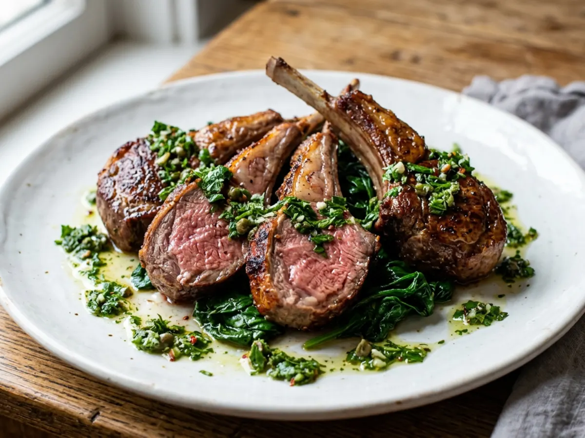 Lamb Chops with Mint Salsa Verde and Greens