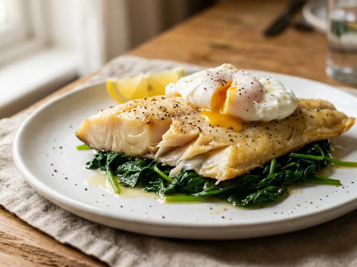 Smoked Haddock with Poached Egg and Wilted Spinach