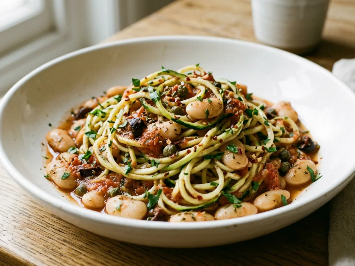 Courgetti Puttanesca with Butter Beans