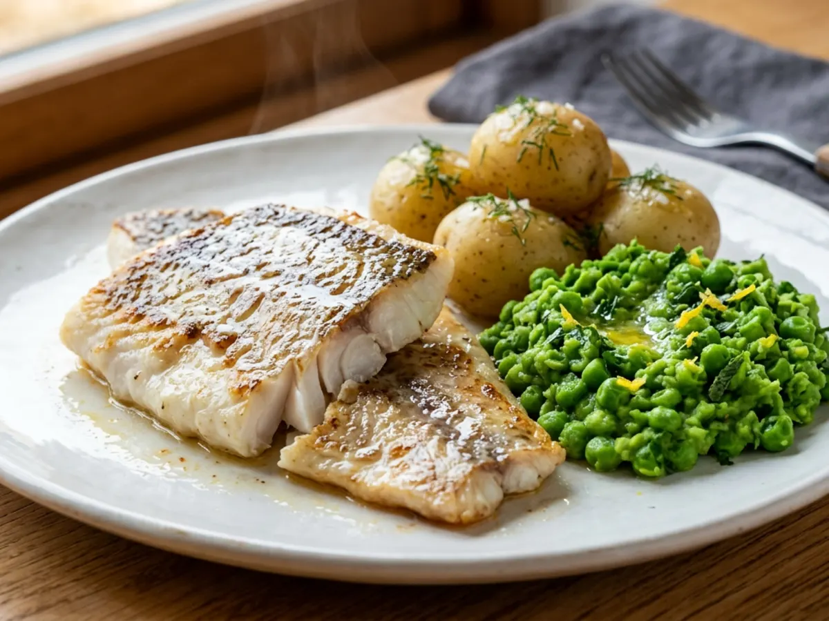 Pan-Fried Cod with Crushed Peas and New Potatoes