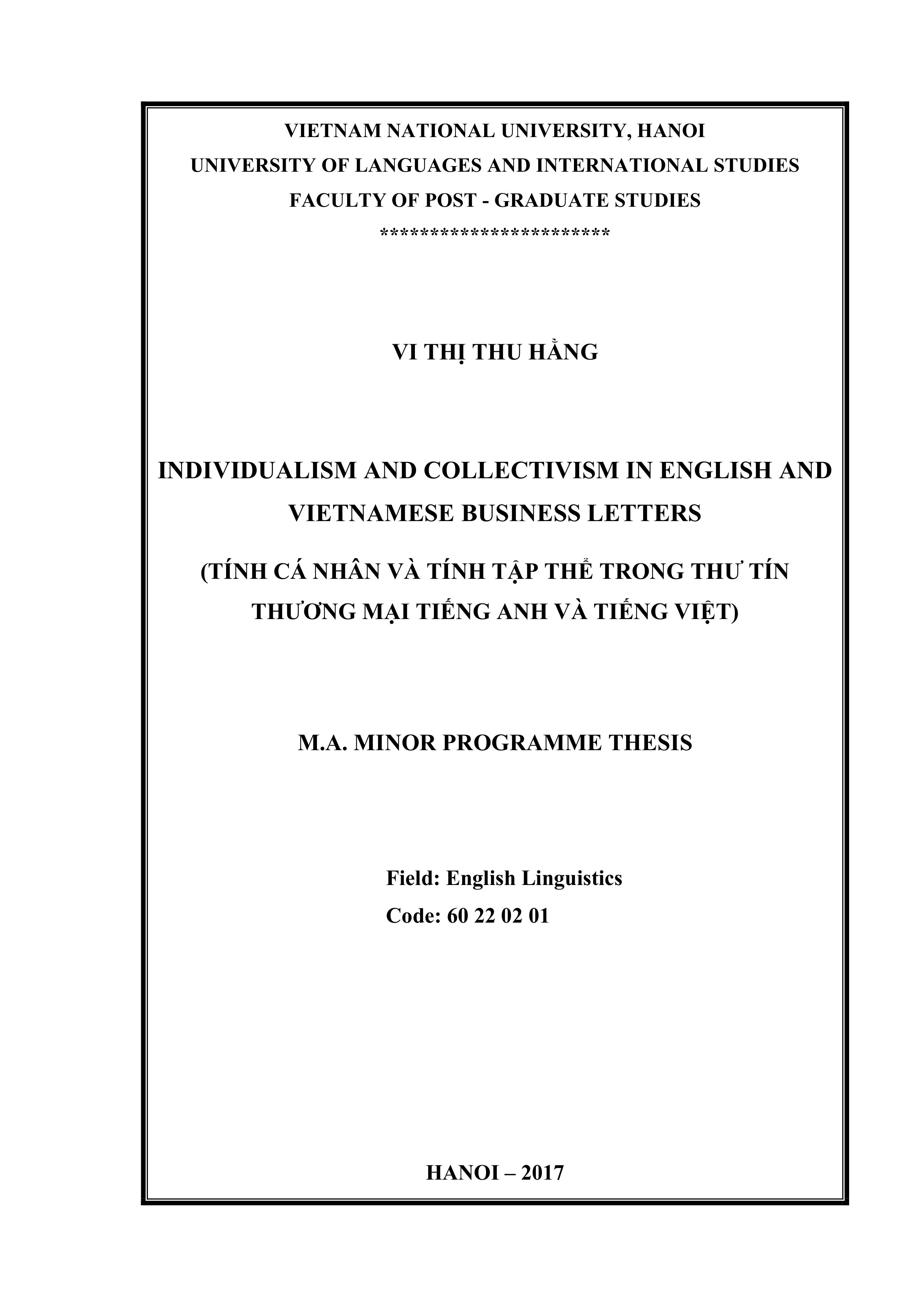 (LUẬN văn THẠC sĩ) individualism and collectivism in english and vietnamese business letters