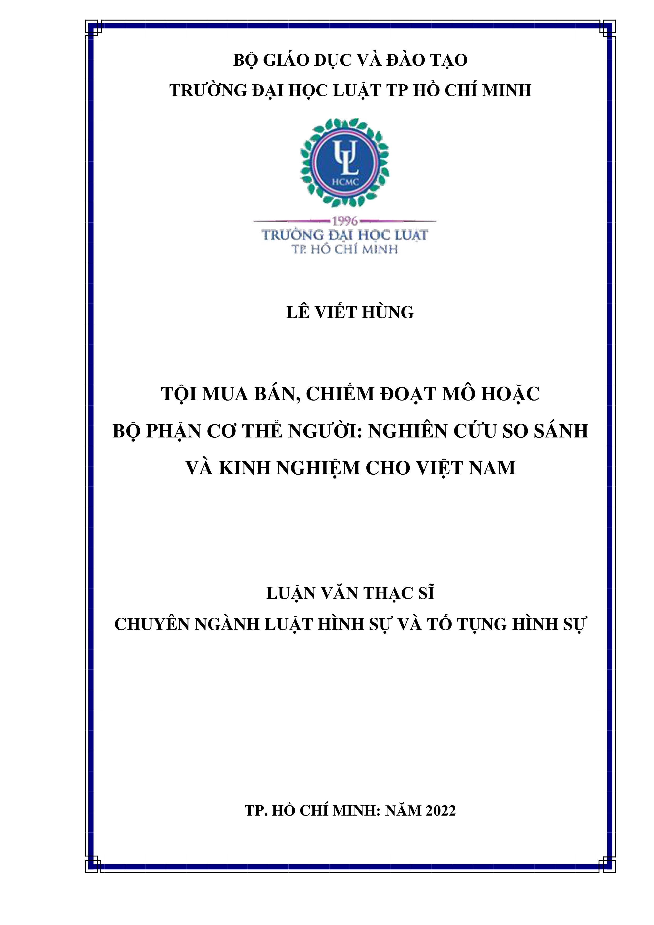 Tội mua bán, chiếm đoạt mô hoặc bộ phận cơ thể người: Nghiên cứu so sánh và kinh nghiệm cho Việt Nam