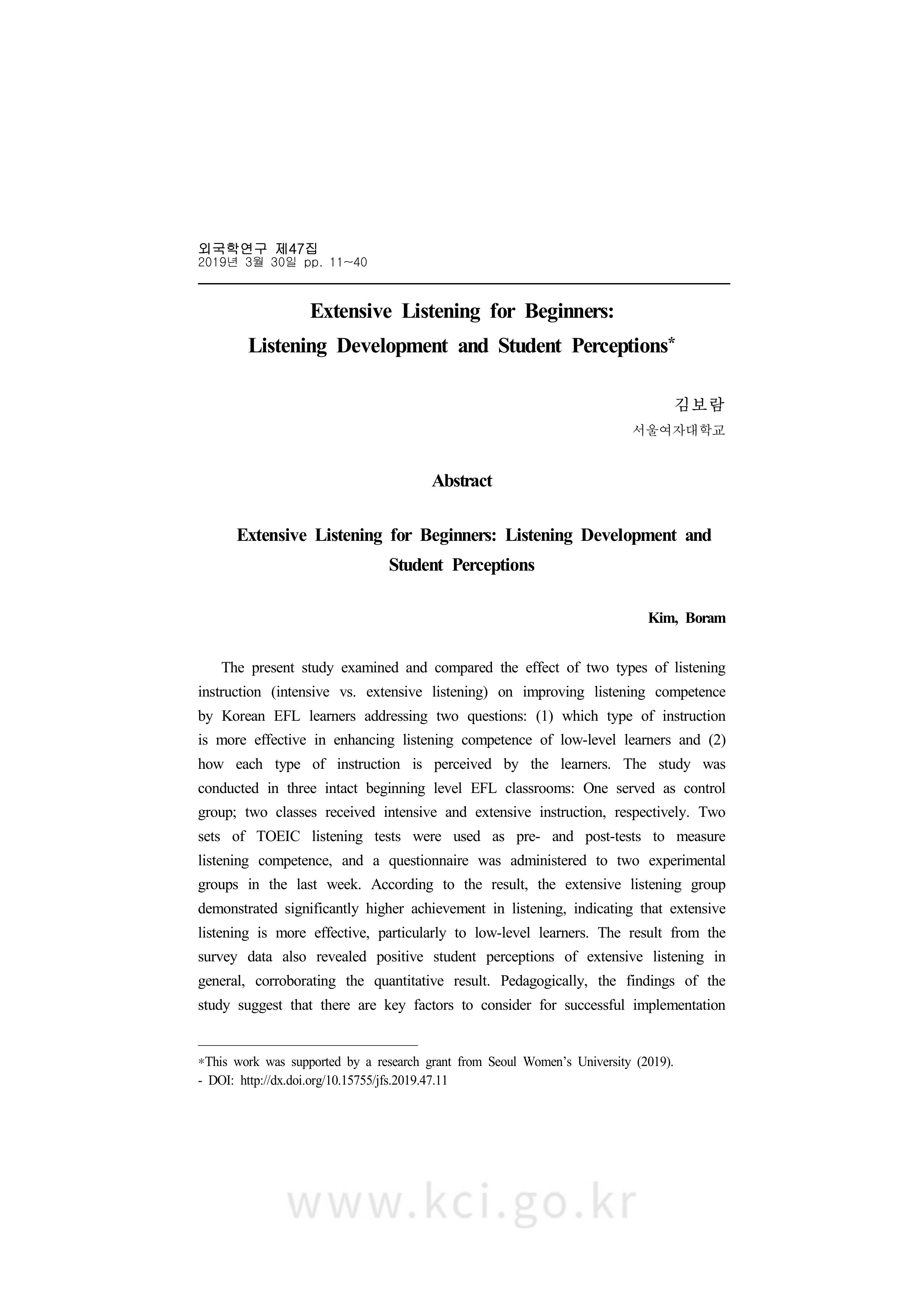 Extensive Listening for Beginners: Listening Development and Student Perceptions