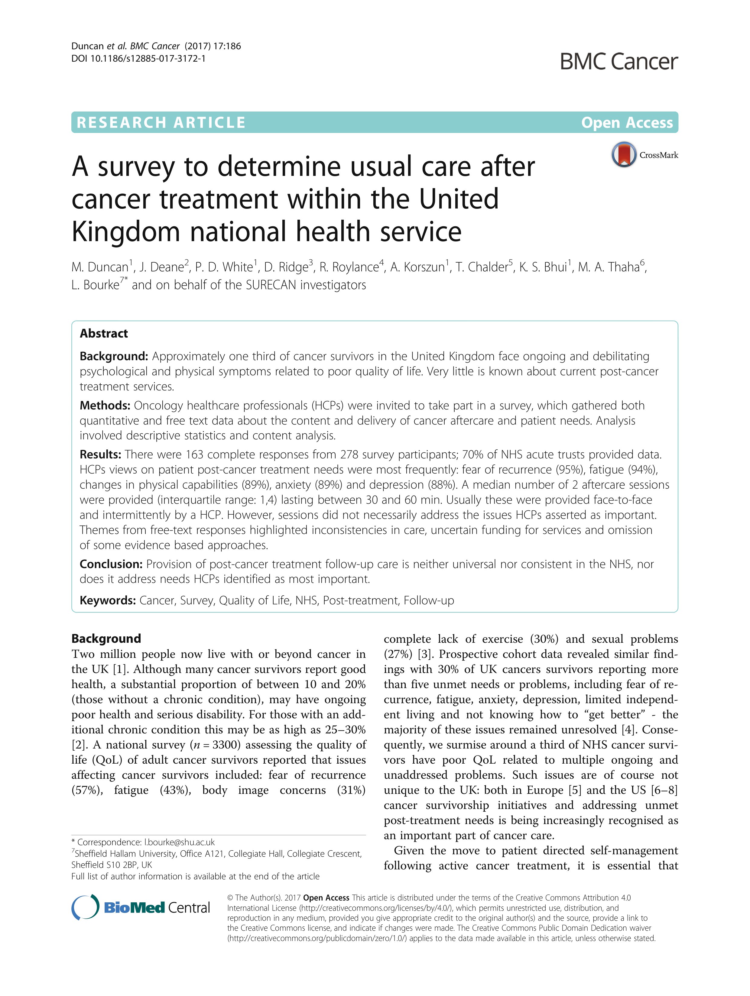A survey to determine usual care after cancer treatment within the United Kingdom national health