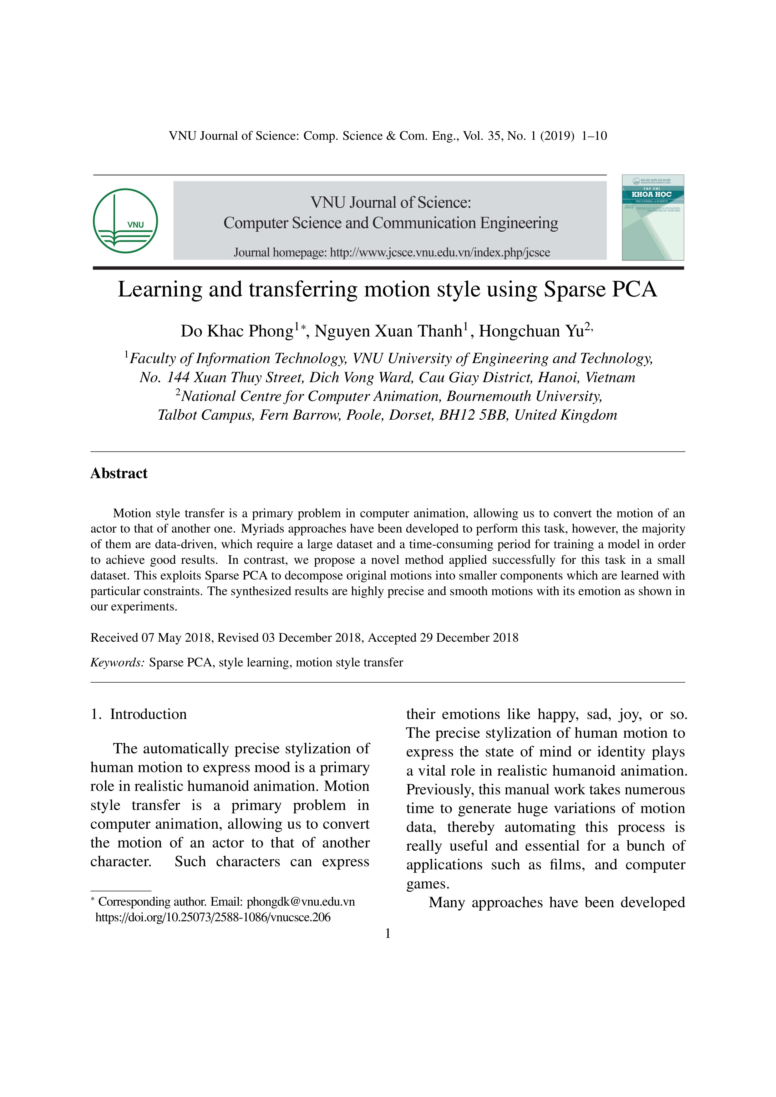 Learning and transferring motion style using Sparse PCA