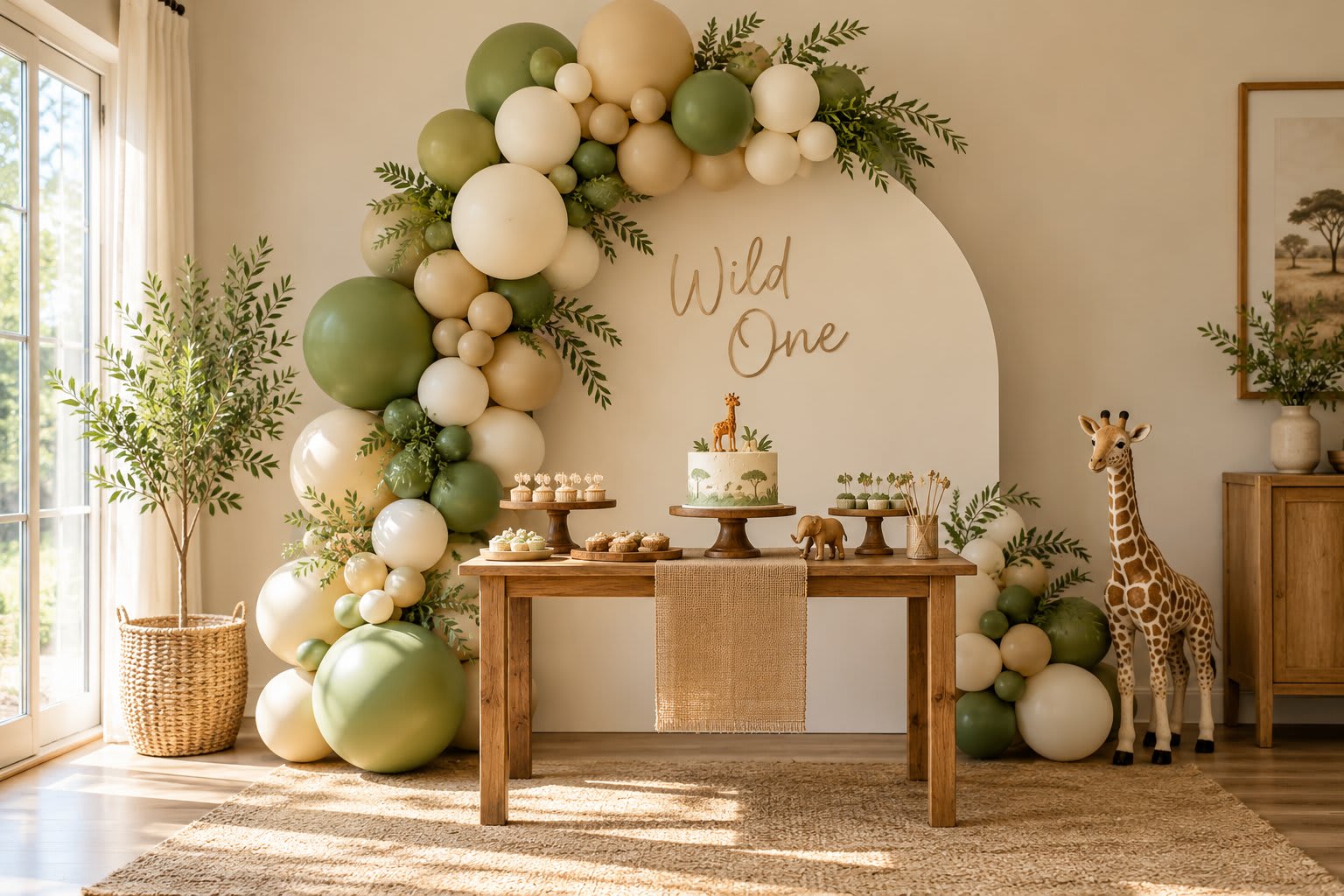 Sage, olive, sand, and cream safari balloon garland around a birthday backdrop.