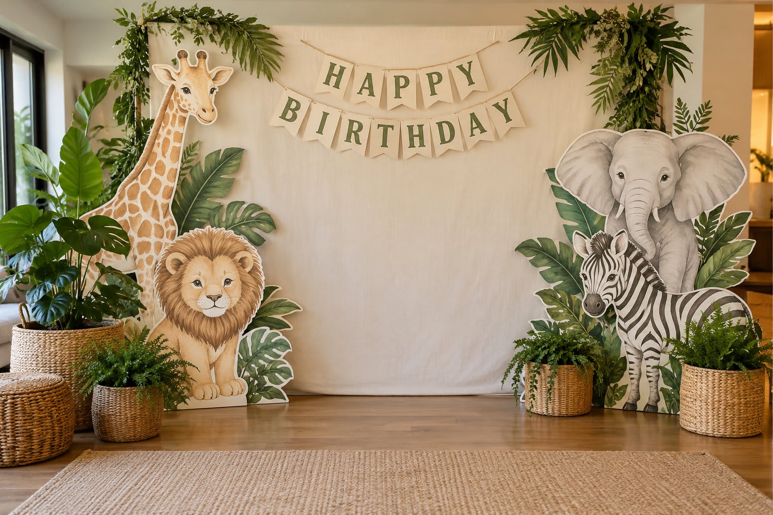 Neutral safari birthday backdrop with giraffe, lion, elephant, and zebra cutouts.