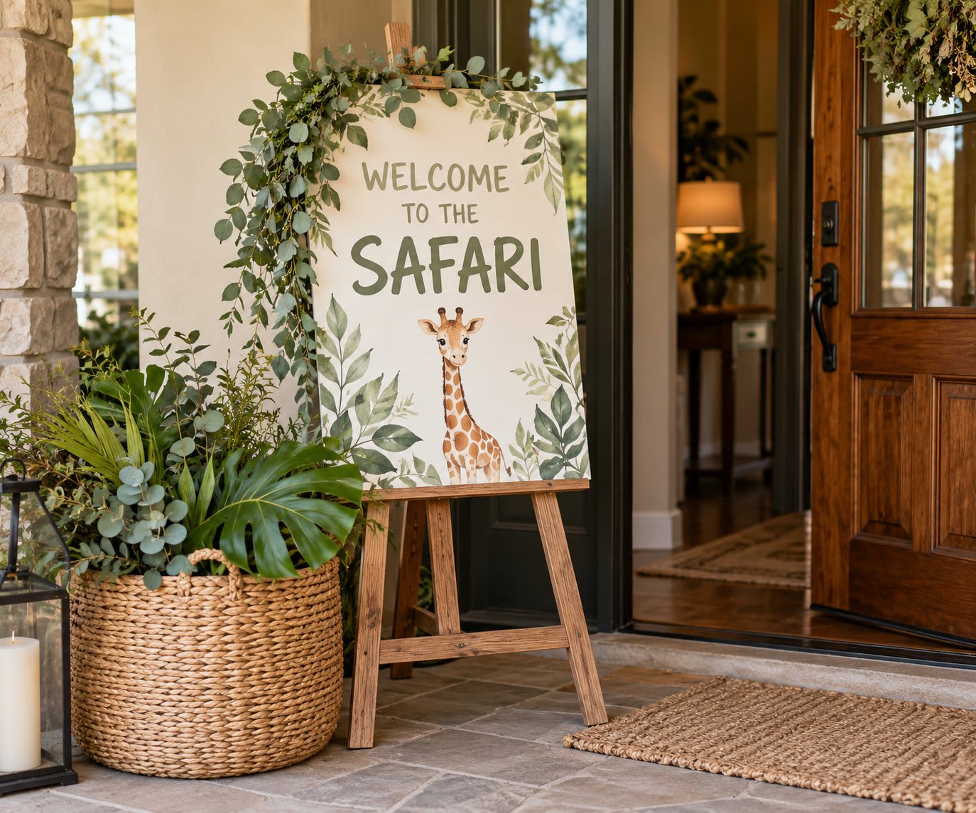 Safari birthday welcome sign on a wooden easel beside greenery.