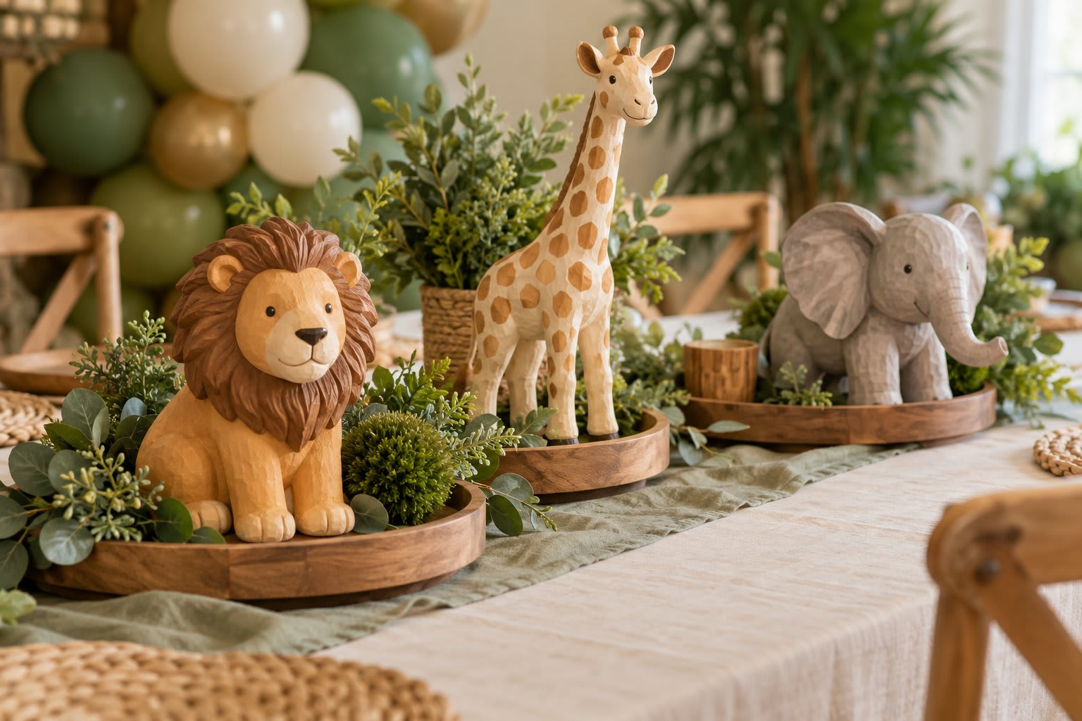 Lion, giraffe, and elephant figures arranged with greenery on low wooden trays.